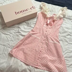 House of CB Astra pink gingham cotton ruffle neck mini dress